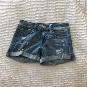american eagle denim ripped midi shorts